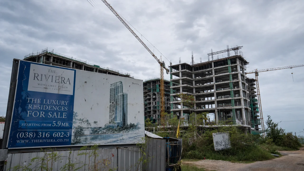 Замороженная стройка кондоминиума в Джомтьене - символ падения рынка недвижимости Паттайи 2026