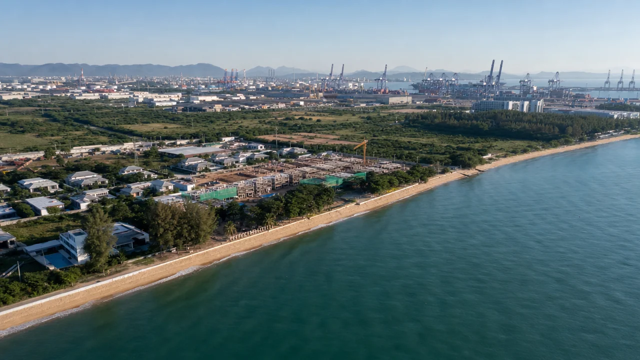 Вид на побережье Na Jomtien с новыми проектами вилл и промышленными объектами EEC на заднем плане
